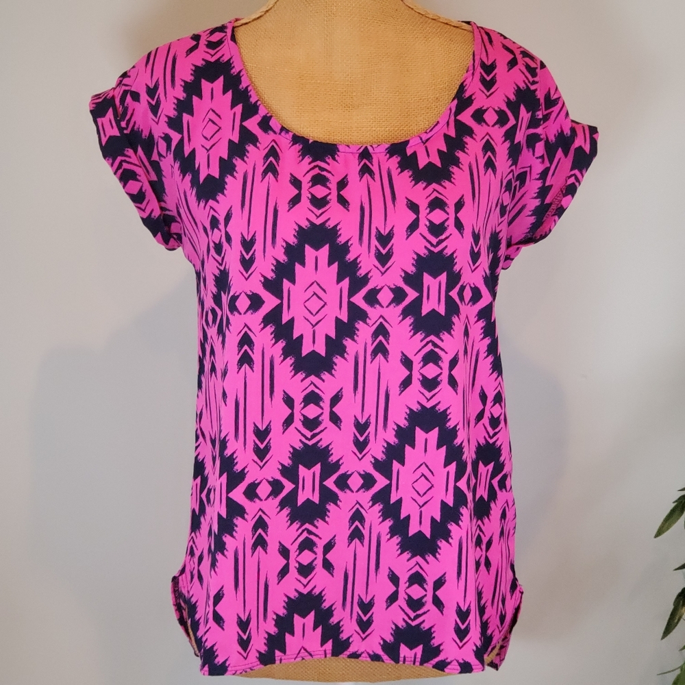 Hot Pink & Navy Aztec Print Top